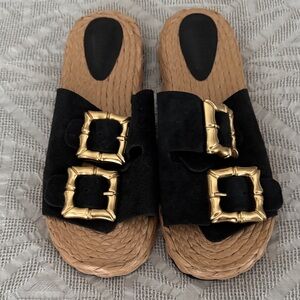 SCHUTZ Black and Gold Buckle Sandals